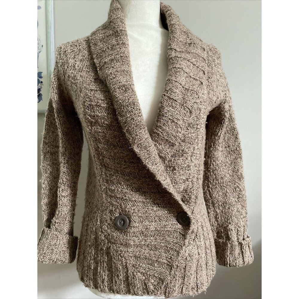 Sweater Women Wool Blend S M Knitted Jacket Buttons Brown Taupe Knit Warm Winter